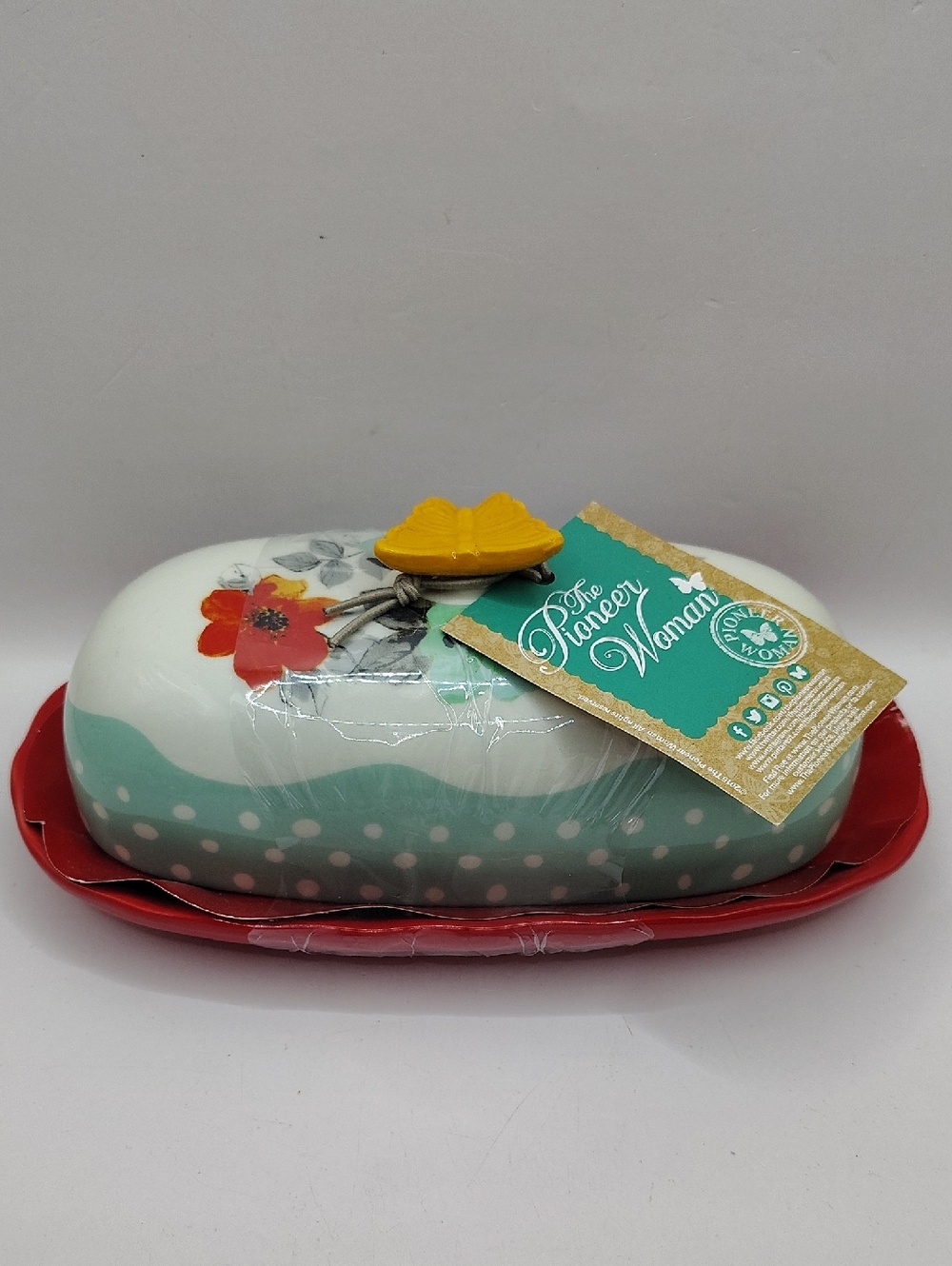 The Pioneer Woman Polka Dot Floral Ceramic Butter Dish with Red Tray. NEW